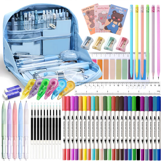 Ristpal 56 PCS Aesthetic School Supplies with Large Pencil Case, 24 Double Brush Marker Pens, 5 Black Ink Gel Pens, 6 Macaron Pencils, 4 Sharpeners, Sticky Notes, Ruler, Erasers, Stationery Gift