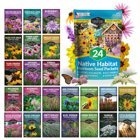 Native Wildflower Seeds for Planting 24 Variety Pack – Perennial & Annual North American Flowers for Butterfly & Bee-Friendly Pollinator Gardens – Non-GMO Heirloom – Survival Garden Seeds
