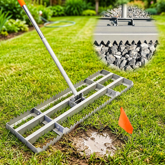 Lawn Leveling Rake, 2-in-1 Double-Sided Landscape Leveler with 20 Marking Flags for Low Spot, 30"×10" Heavy Duty Stainless Steel Flat & Serrated Side for Soil Sand Gravel, Yard Garden Golf Course
