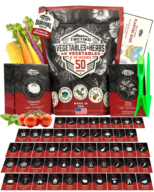50 Tactiko Survival Vegetable, Herb & Fruit Seed Kit - U.S.A. Harvested Varieties - 37,000+ Non-GMO Heirloom Seeds - Emergency Seed Vault in Waterproof Mylar Bag - Long-Term Storage