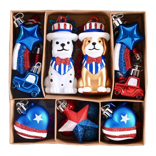 DecorbyHannah 4th of July Tree Decorations, 32ct Memorial Day Ornaments for Tree Patriotic Red White Blue Shatterproof Hanging Dog Pet Car Ornaments for Independence Day, Flag Day, USA 250th Holiday