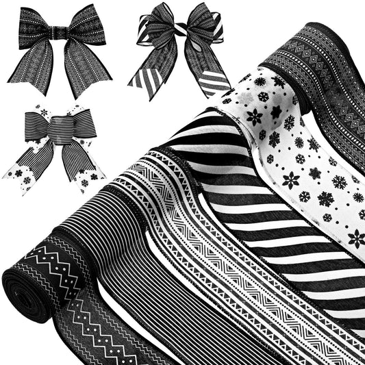 Suncalla 6 Roll 30 Yards Black and White Ribbon Wired 2.5 Inch Boho Stripes Wired Ribbon for Wedding Gift Wrapping Wreaths DIY Hair Bows Decor Crafts