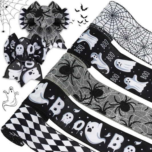 AnyDesign 30 Yards Halloween Wired Edge Ribbon 5 Roll Spooky Boo Ghost Spider Wed Checks Decorative Ribbon Black White Halloween Craft Fabric Ribbon for Wreath Bow Making DIY Gift Wrapping Supplies