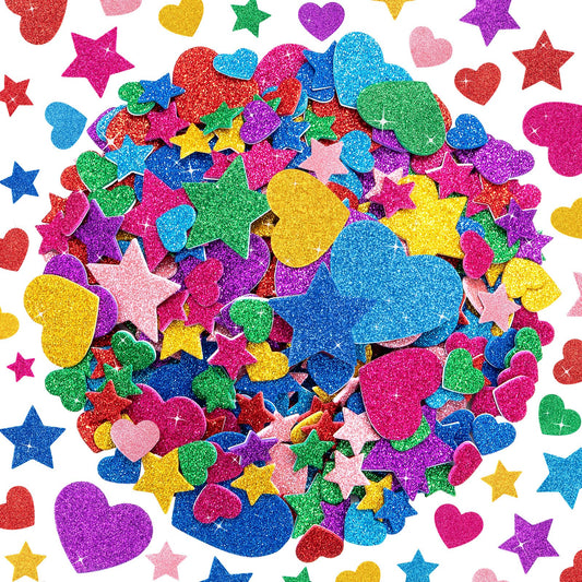 1024PCS Glitter Foam Stickers for Kids - Self-Adhesive Heart & Star Shapes, Sparkle Craft Stickers for DIY Greeting Cards, Scrapbooking, Home Decor, Envelopes & Children's Art Projects