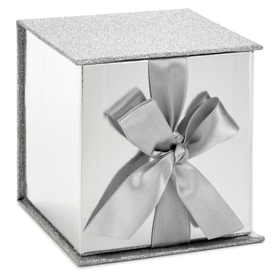 Hallmark Small Gift Box with Bow and Shredded Paper Fill (Silver Signature 4 inch Gift Box with Glitter) for Weddings, Graduations, Bridal Showers, Anniversaries, All Occasion
