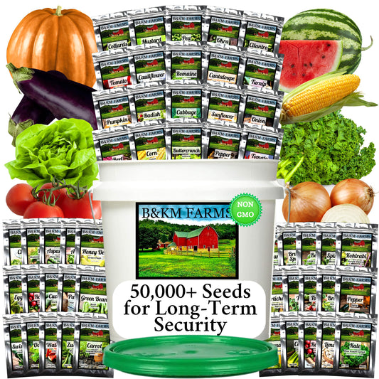 Survival Seed Vault: 50 Varieties, 50,000+ Non-GMO Heirloom Seeds - 5+ Year Supply in Secure Bucket + Growing Guide by B&KM Farms
