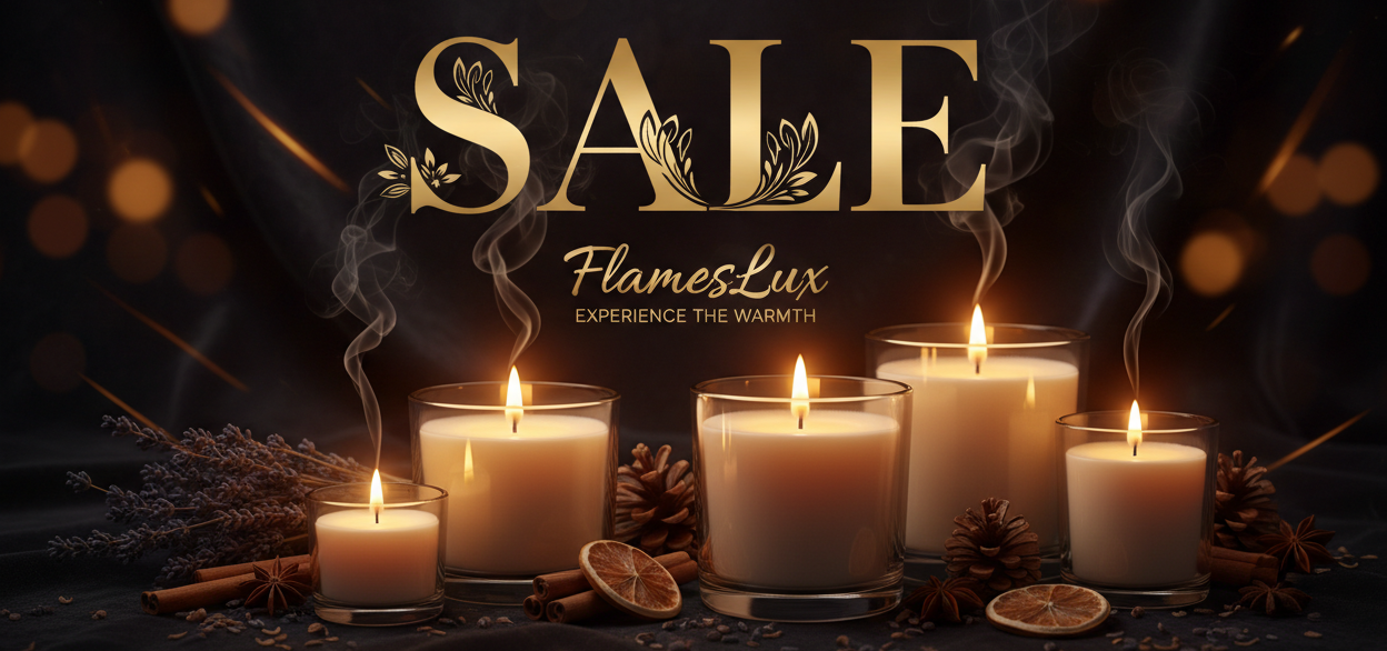 Candle display with 'SALE' text and FlamesLux branding on a dark background.